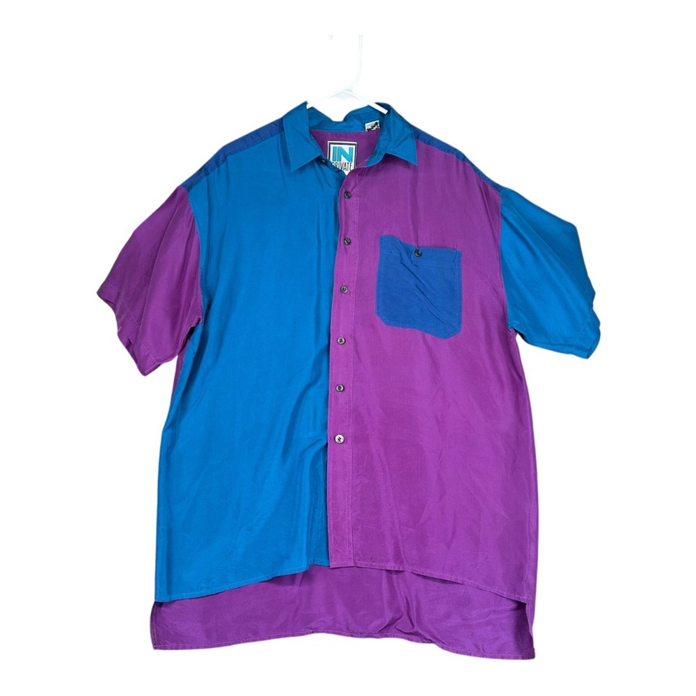 In Private Men’s M Medium 100% Silk Vintage Purple Blue Colorblock Button Shirt‎